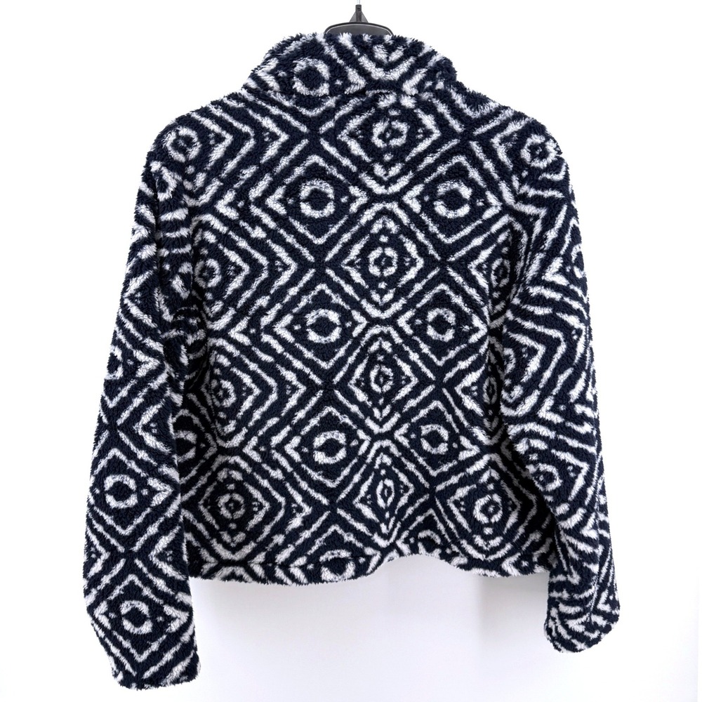 NEW Lucky Brand Faux Fur Geo Print Jacket Womens Large Full Zip Blue White Cozy - Picture 6 of 10